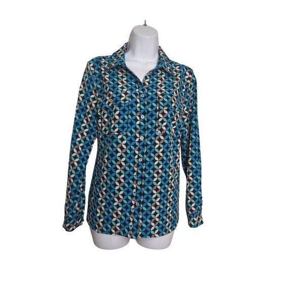 Notations Women's Blouse Blue Geometric pattern button down tab sleeve S (NWT) - Picture 1 of 11